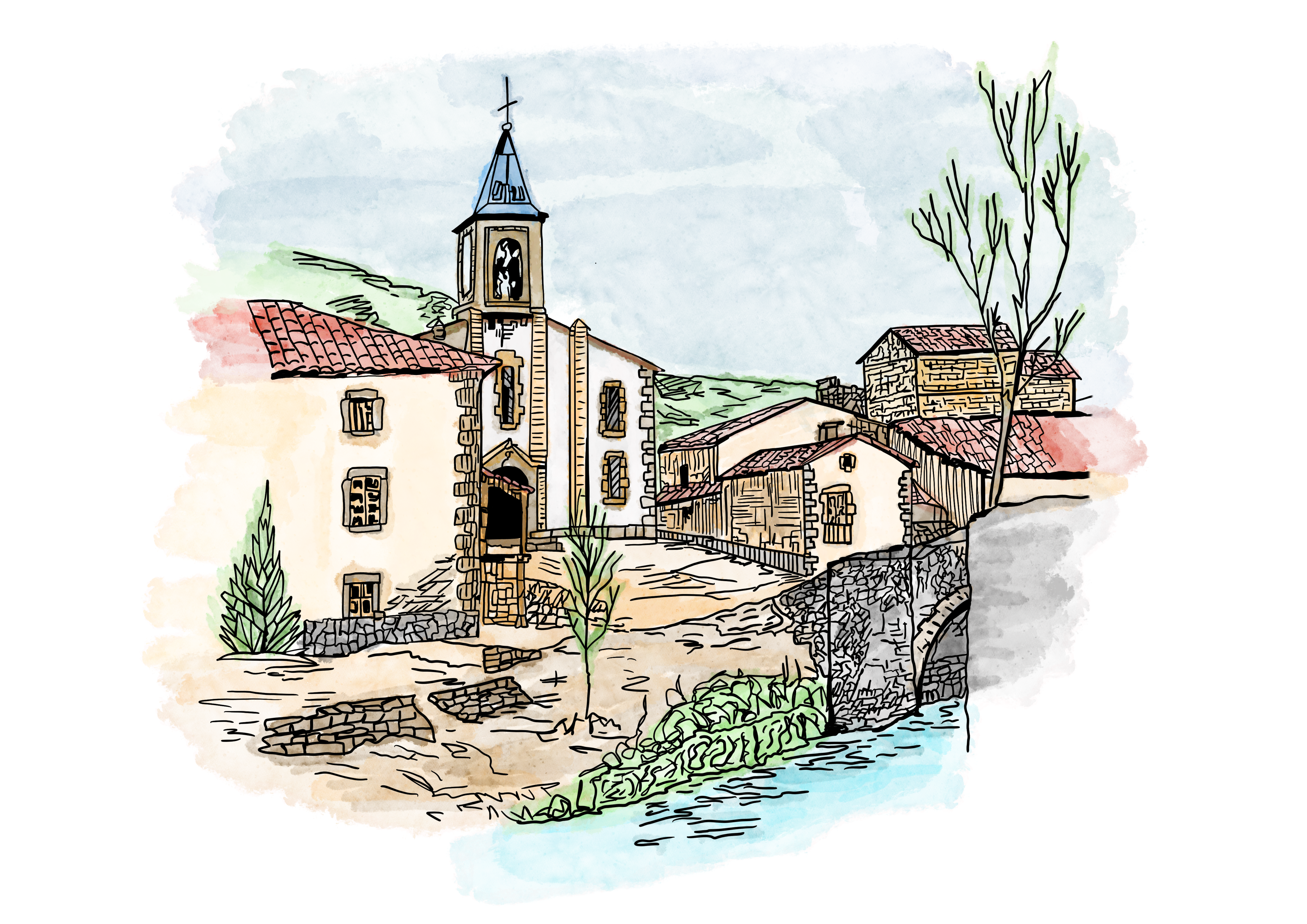 Dibujo estilo acuarela de la iglesia donde se celebrará la boda.